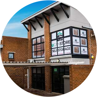 Building with patio and coloured windows